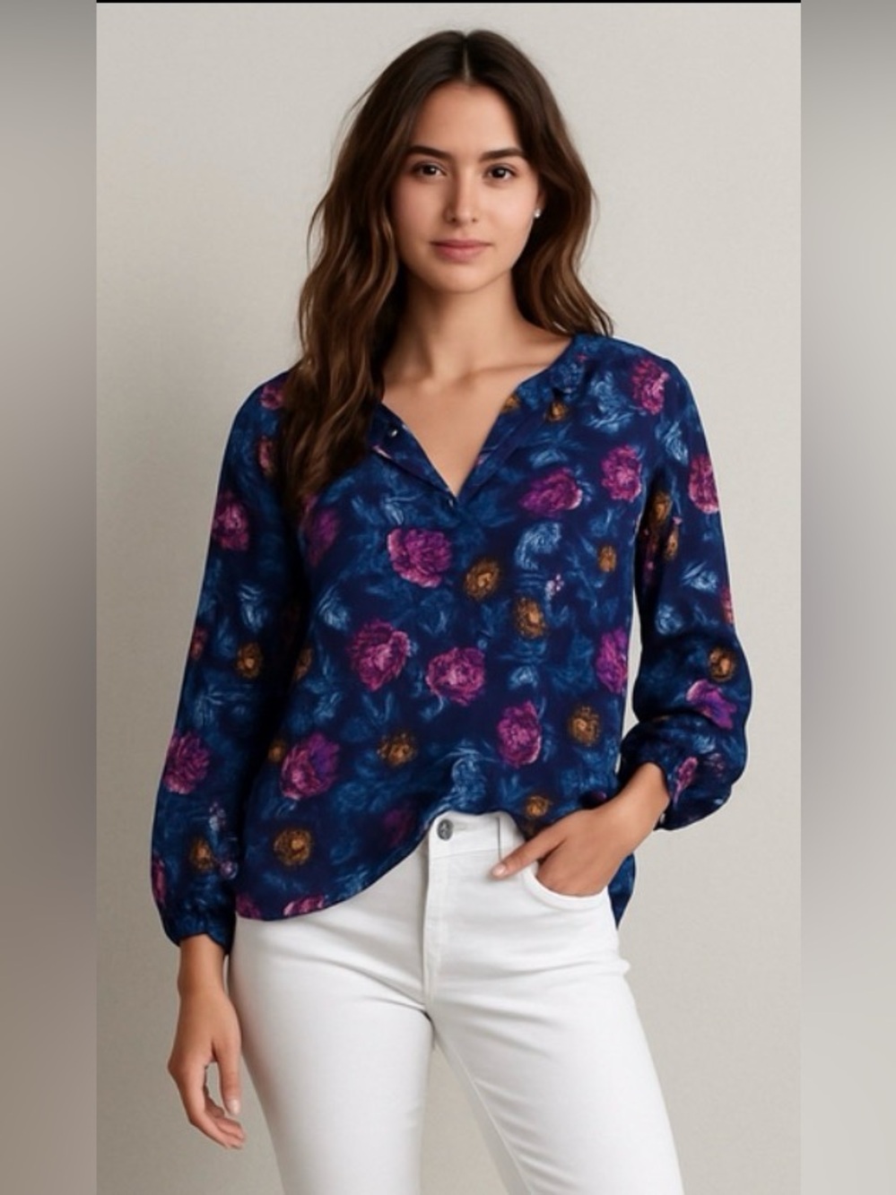 Old Navy Floral Blouse, Balloon Sleeve Detail, Navy Blue, Pink, Size XL